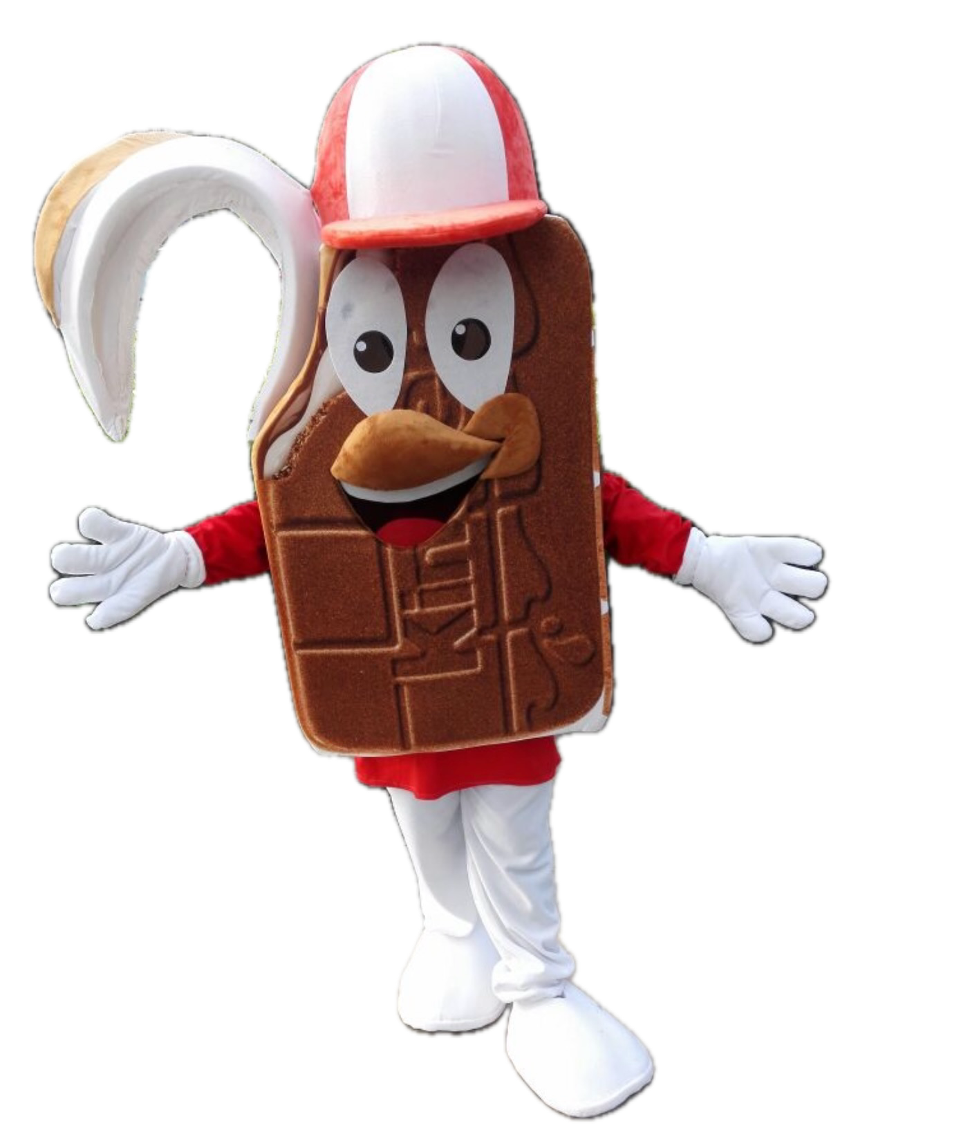 Mascotte personalizzata a forma di barretta di cioccolato con cappellino e guanti