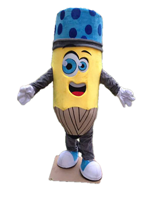 Mascotte a forma di matita gialla con cappello blu
